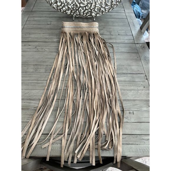 STREETS AHEAD Fringe Studded Long Leather Belt Festival Beige Silver Size Small - Picture 3 of 11